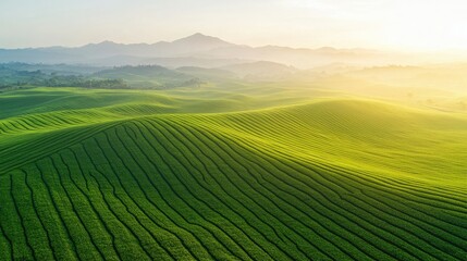 Sunrise over rolling green tea plantation, Aerial view of vibrant green tea fields at sunrise.
