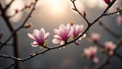 Delicate flowers of a blossoming magnolia. The first blooming flowers. The first spring flowers. The buds of a flower. Sakura flowers. Cherry blossom