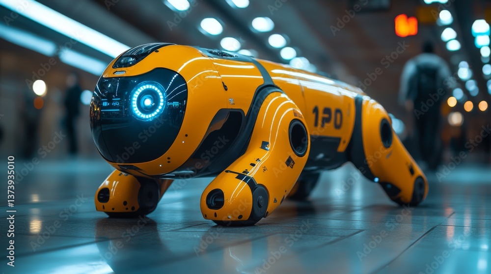 Poster a robotic unit equipped for surveillance maneuvers through a busy transportation hub, actively monit