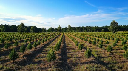 Obraz premium A field full of small saplings growing in neat rows under a bright blue sky.