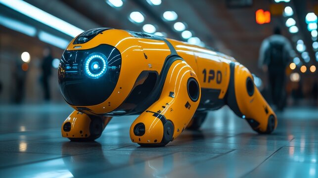 A robotic unit equipped for surveillance maneuvers through a busy transportation hub, actively monitoring for security and operational efficiency during peak hours.