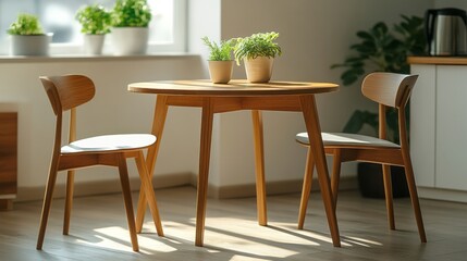 Fototapeta premium A round wooden dining table is set with two chairs