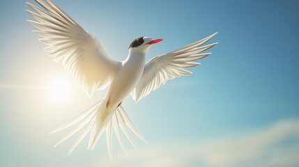 White arctic tern flying through sunlit sky, wings fully extended, symbolizing freedom, energy, and the grace of nature, Generative AI