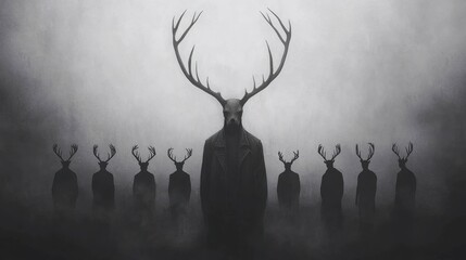 Surreal deer-headed figures in foggy forest
