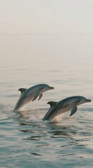 Naklejka premium Two dolphins leaping in tranquil ocean scene