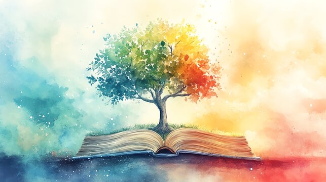 A serene watercolor artwork featuring a tree growing from a book, representing knowledge, resilience, and a growth mindset, set against a dreamy pastel background - Powered by Adobe