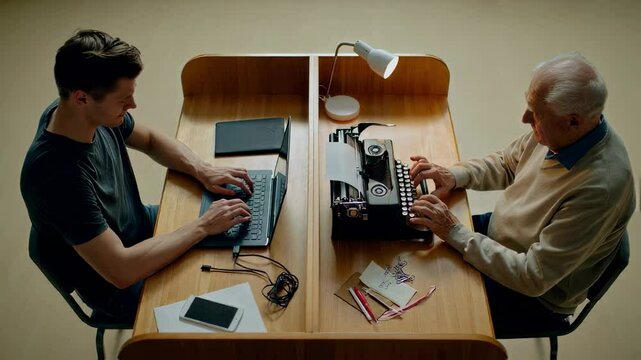 Young man types on modern laptop facing elderly man using classic typewriter at shared desk, symbolizing the evolution of work technology and the contrast between generations
