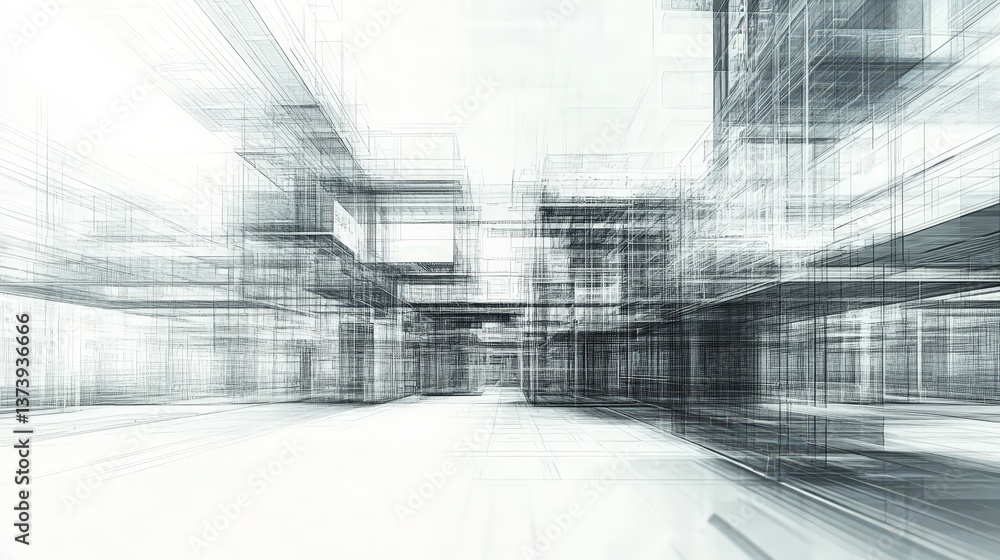 Poster digital abstract construction landscape with wireframe structures materializing into solid buildings