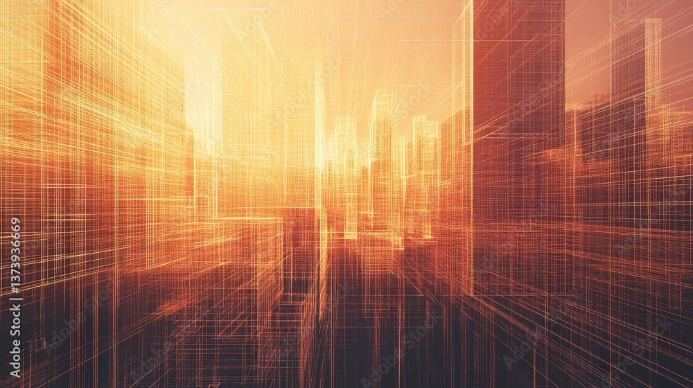 Poster digital abstract construction landscape with wireframe structures materializing into solid buildings
