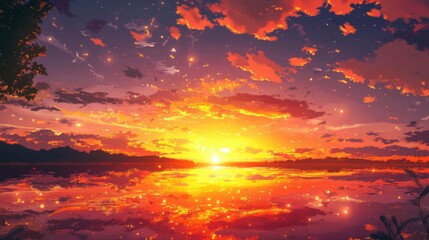 Naklejka premium A fiery red and orange sunset with scattered clouds reflecting the last light of the day