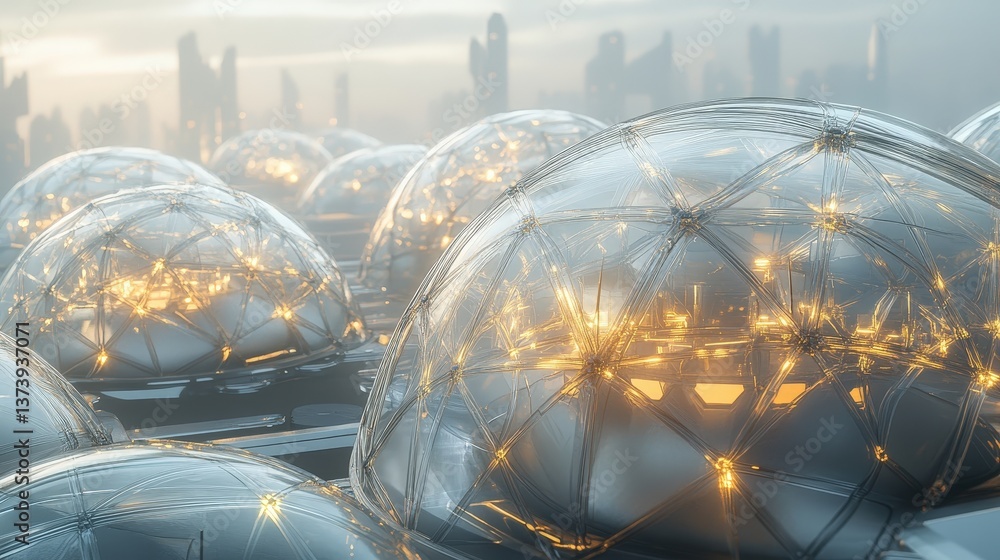 Poster digital futuristic abstract structure with interlocking transparent domes and glowing energy lines