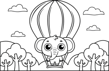 Cartoon Elephant in Hot Air Balloon Line Art with Trees and Clouds Design Elements
