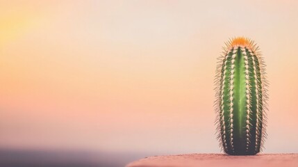 Lone cactus against peaceful sunset sky on desert horizon