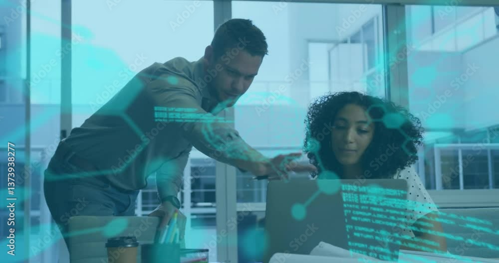 Poster man and woman collaborating at office desk with digital data overlay animation