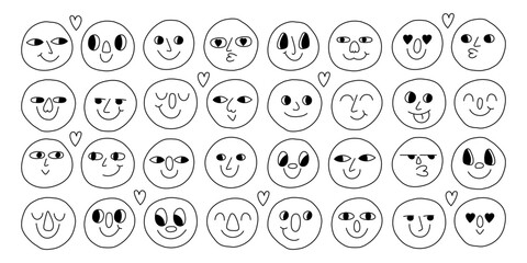 Doodle Emoji face icon set. Hand drawn sketch style. Emoji with different emotion mood, happy, sad, smile face. Comic line art vector illustration.