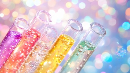 Colorful test tubes with bubbles displayed against a blurred backdrop