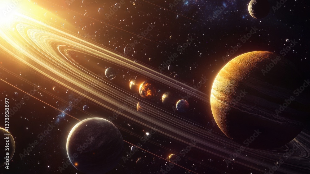 Poster a distant perspective of the solar system, showing the planets aligned in their orbits