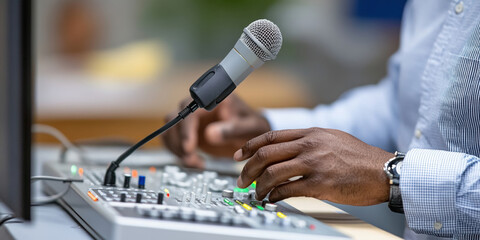 Hands adjusting audio levels on mixing console with microphone nearby, showcasing sound engineering