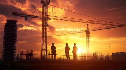 Construction workers observe sunset while overseeing building project at urban construction site