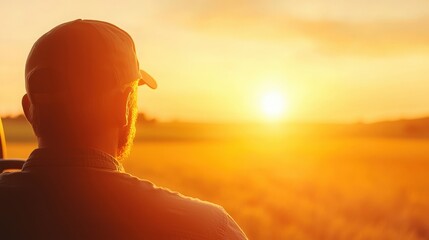 Farmer Silhouetted at Sunset, Agricultural worker watching sunset over golden field.