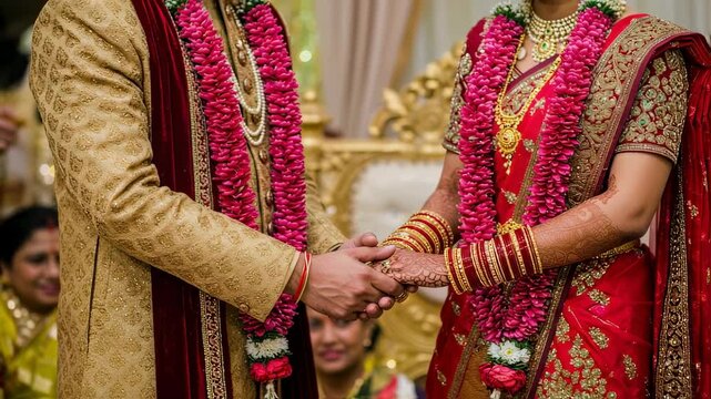 Close-up of an indian bride and groom holding hands during a traditional wedding ceremony, adorned in ornate attire and garlands, symbolizing union and rich cultural heritage celebration