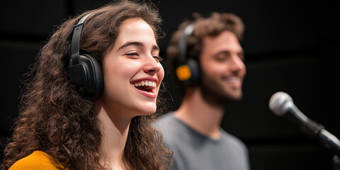woman laughing while co hosting podcast, both wearing studio headphones and vibing to good conversation