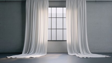 minimalist interior design  neutral tones  mindfulness Soft white curtains frame a large window in a minimalistic, modern space with gray walls and floor.