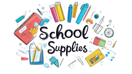 Colorful school supplies illustrated with various stationery items in a whimsical design for students