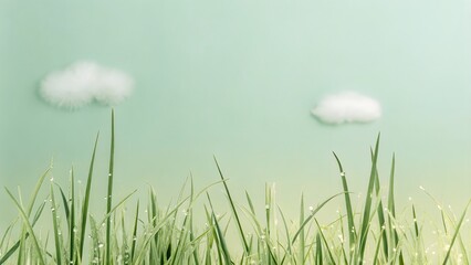 Vibrant Dew-Covered Grass with Fluffy Clouds in Serene Light Green Sky