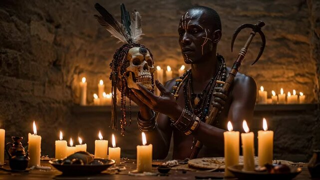 Shaman man with tribal face paint and headdress holds a skull during a candlelit ritual in a dark cave-like setting, symbolizing ancient spirituality and mysticism practices