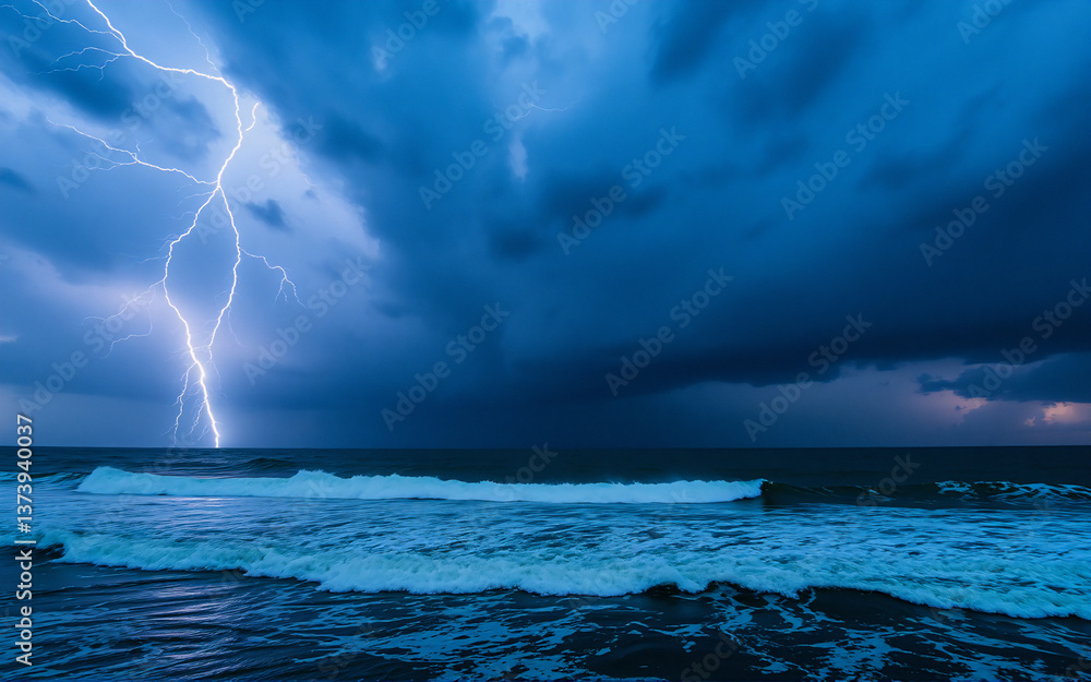 Aufkleber dark stormy sea with a bright lightning bolt striking in the distance. choppy waves crash on the sho