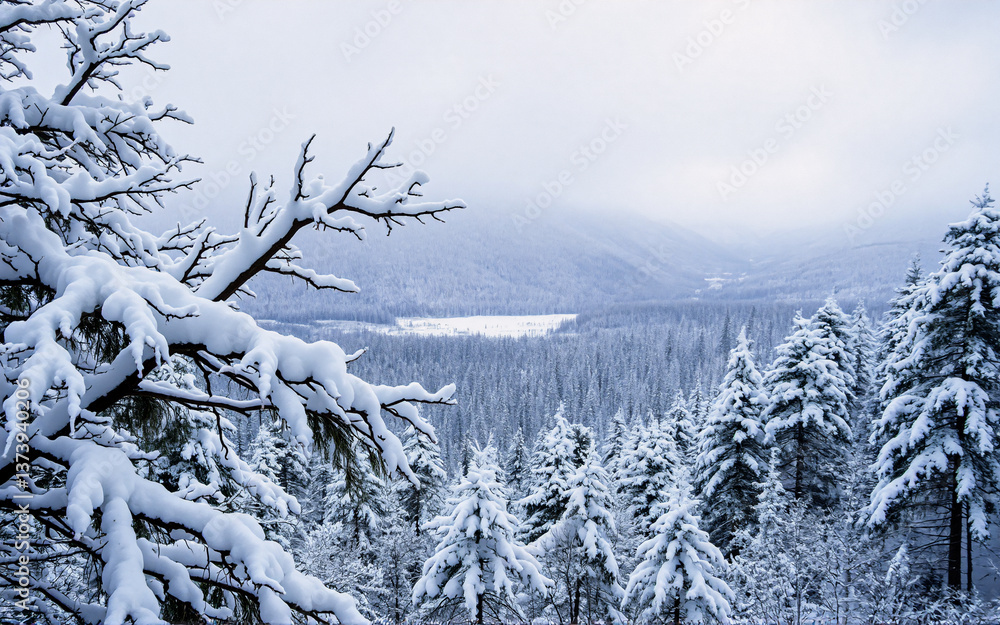 Poster snowy forest scene with trees heavy with snow. mountains in distance under a cloudy sky. cold winter