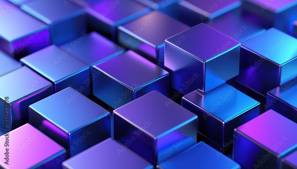 Poster abstract arrangement of metallic cubes in gradients of blue and purple, creating a dimensional surfa