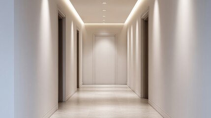 minimalist interior design  neutral tones  mindfulness Modern hallway with illuminated walls and multiple closed doors leading to a central entrance.