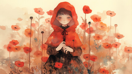 Fototapeta premium 黒髪が可愛い赤ずきん少女の童話風イラスト、水彩画タッチで描く美しい花畑と赤いケープ、ポピーやラベンダーなど多種多様な植物、広告デザイン・童話挿絵・書籍表紙・ウェブ素材・雑貨制作・ポスターにぴったりの画像素材