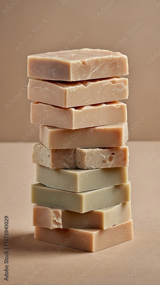 Poster natural handmade soap stack displayed on a neutral background during daylight in a home setting