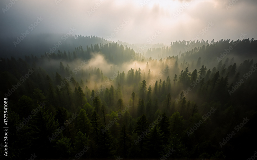 Aufkleber A misty forest landscape with dense evergreen trees is partially illuminated by sunlight breaking through the fog, creating a serene and atmospheric view from above.