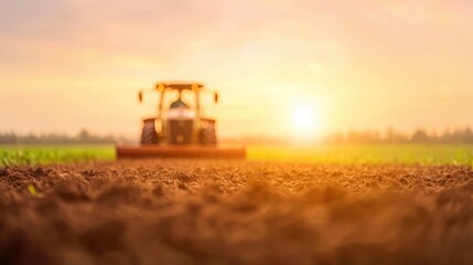 Fototapeta premium Tractor plowing field at sunset, Agriculture, farming, sunset, tractor, field