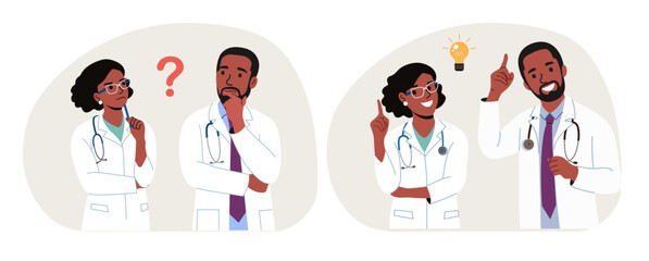 Young Thinking Doctor black woman and man surrounded by a question mark and finding new idea. Shiny light bulb. Flat style cartoon vector illustration.