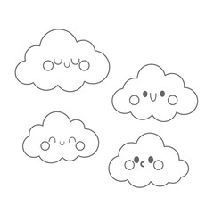 Outline vector of cute cartoon clouds with faces for children's printables. Cute outline vector set of kawaii clouds with faces for kids coloring pages, baby printables and educational designs.