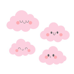 Cute pink clouds vector set for kids. Cute pink cartoon clouds with kawaii faces – vector set for kids, baby room decor, nursery printables, planners, stickers and children’s illustrations