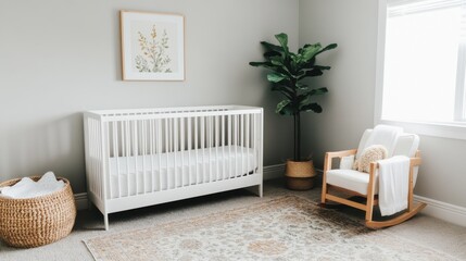 minimalist interior design  neutral tones  mindfulness Modern nursery with a crib, rocking chair, and decorative plants in a serene, stylish setting.