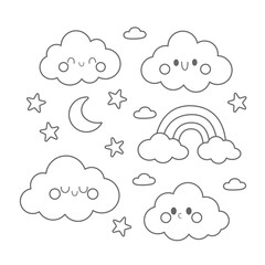 Cute cartoon sky elements in contour style for kids decor and design. Hand-drawn contour illustration of happy clouds, rainbow, moon and stars for kids' projects and printables.