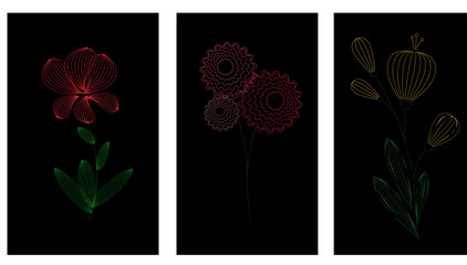 A set of three abstract flowers on a black background. Vector illustration for wall decor, tiles, cards