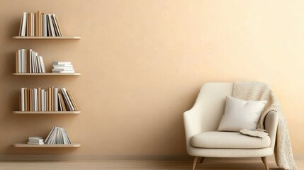 minimalist interior design  neutral tones  mindfulness Cozy reading nook with a modern chair and minimalist bookshelf against a warm wall.