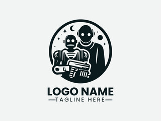 Robot And Human Friends Vector Logo Design, Human Robot Friendship Logo Friendly Robot And Human Logo