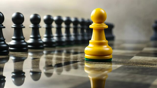 A lone yellow pawn steps away from a row of black pawns, with a calm mist. v2