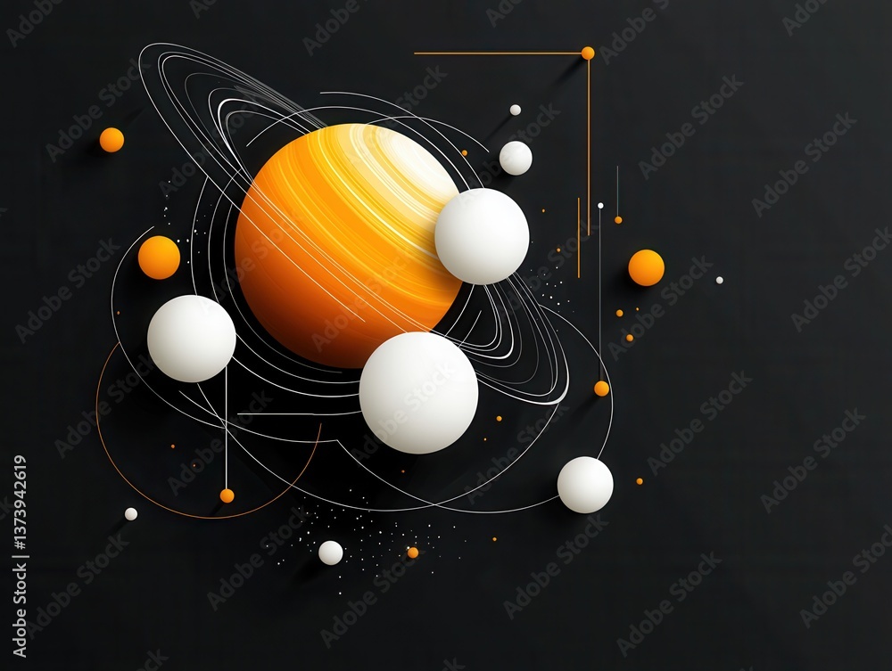 Poster stylized celestial scene with a ringed planet and floating spheres against a dark backdrop with abst