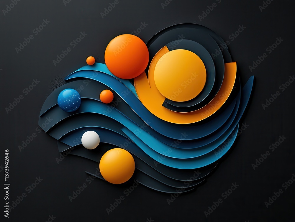 Aufkleber abstract layered design with spheres and curved shapes creating a modern, colorful composition.