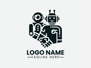 Robot And Human Friends Vector Logo Design, Human Robot Friendship Logo Friendly Robot And Human Logo